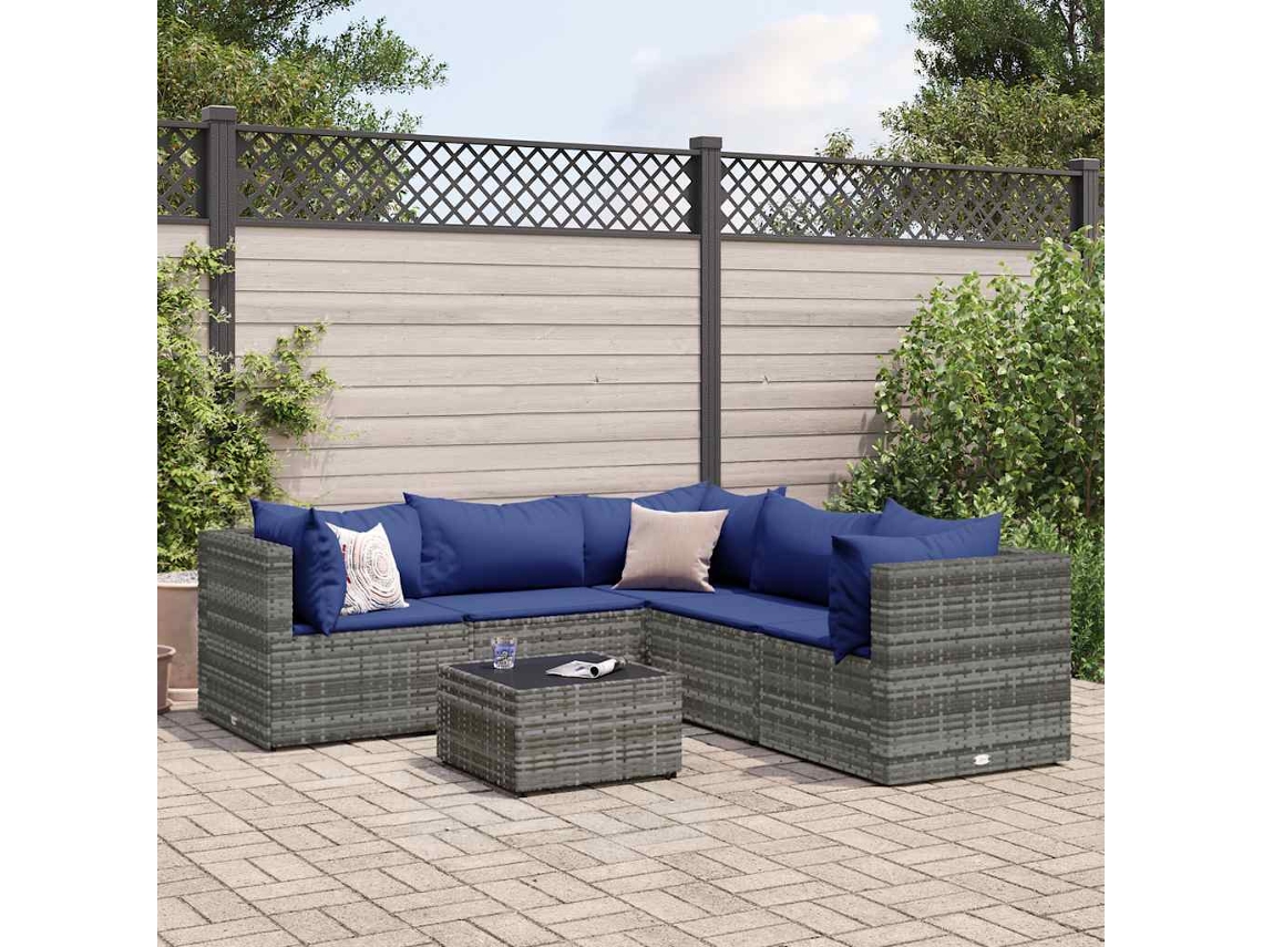 6 Pcs Conjunto Lounge De Jardim C/ Almofadões Vime Pe Cinza Dkd Home Decor