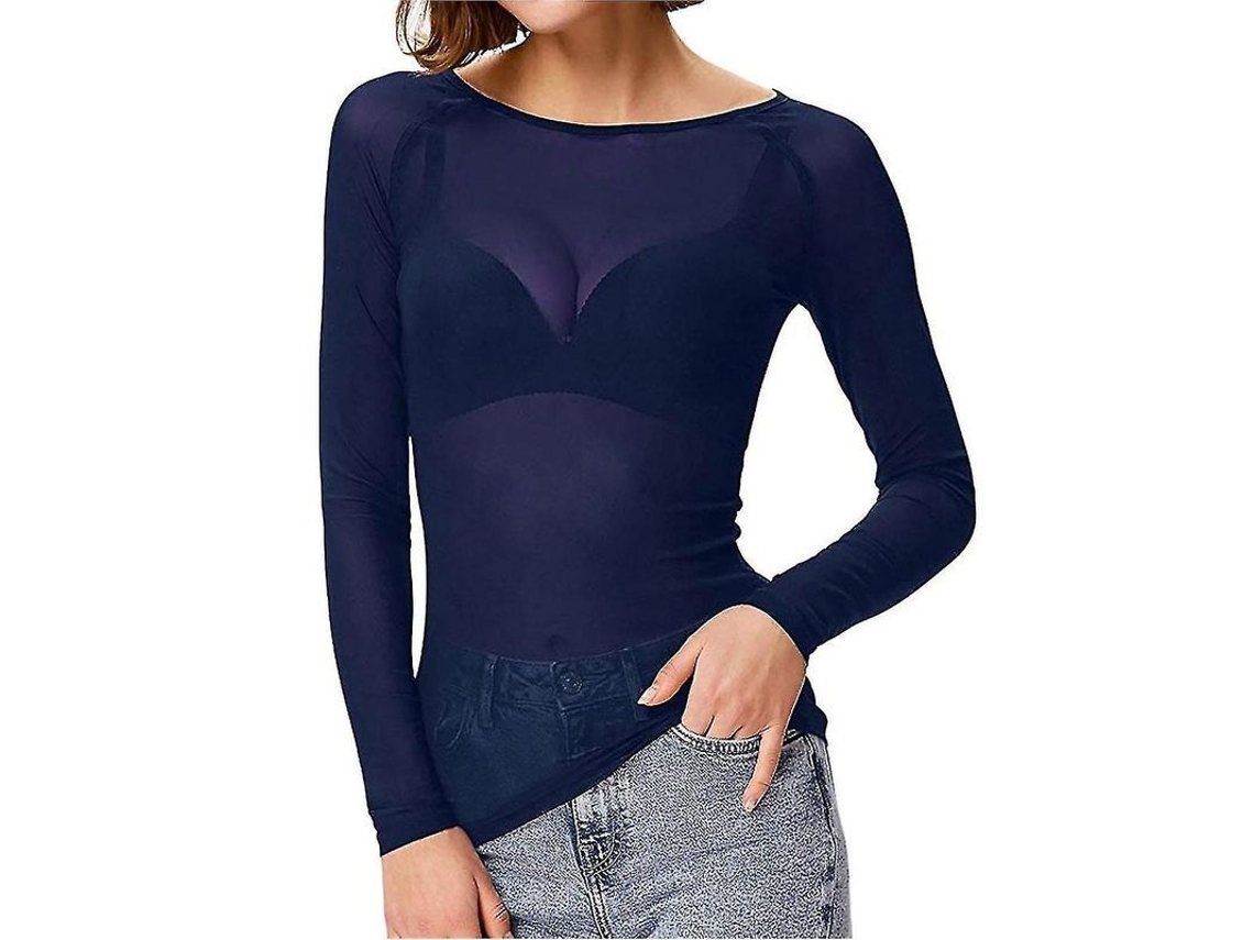 Camisa Transparente De Manga Longa Sem Costura Para Mulher Com Modelador De Braços Em Malha Casual Azul