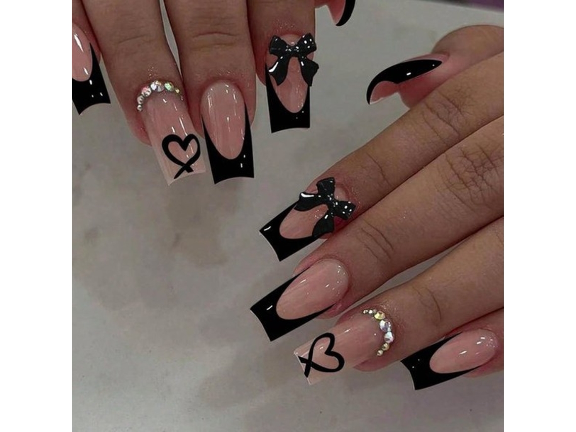 Nagelstickers Com Ponta Francesa - 24 Unidades - Adesivos De Unha Autocolantes - Stickers Pretos - Feitos De Abs-acrilico De Alta Qualidade - Reutiliz