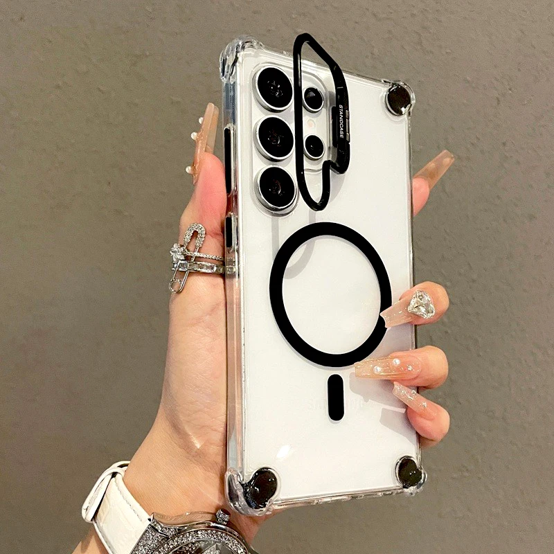 Capa Transparente Para Celular Galaxy S25 Preto, Compatível Com Carregamento Sem Fio E Função De Suporte.