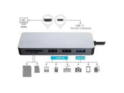 Adaptador Usb Platinet Pmma9822 Hdmi Usb C Microsd Prata