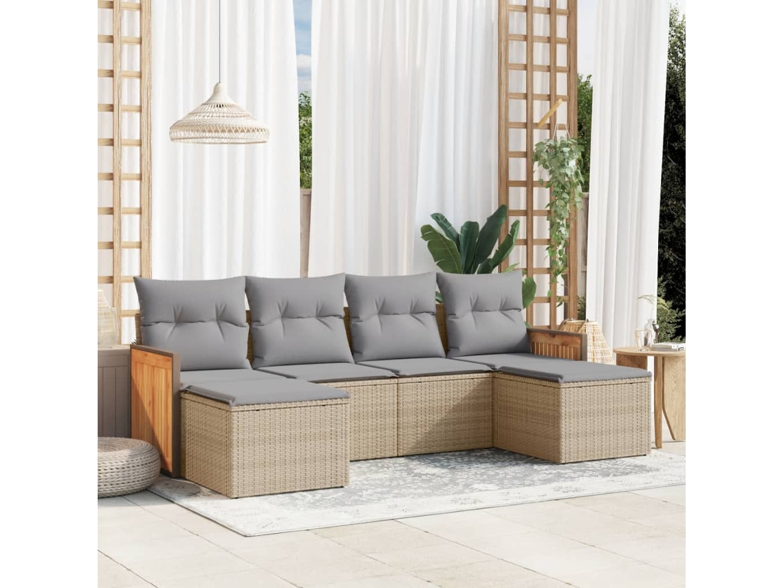 Vidaxl 6 Pcs Conjunto De Sofás P/ Jardim Com Almofadões Vime Pe Bege