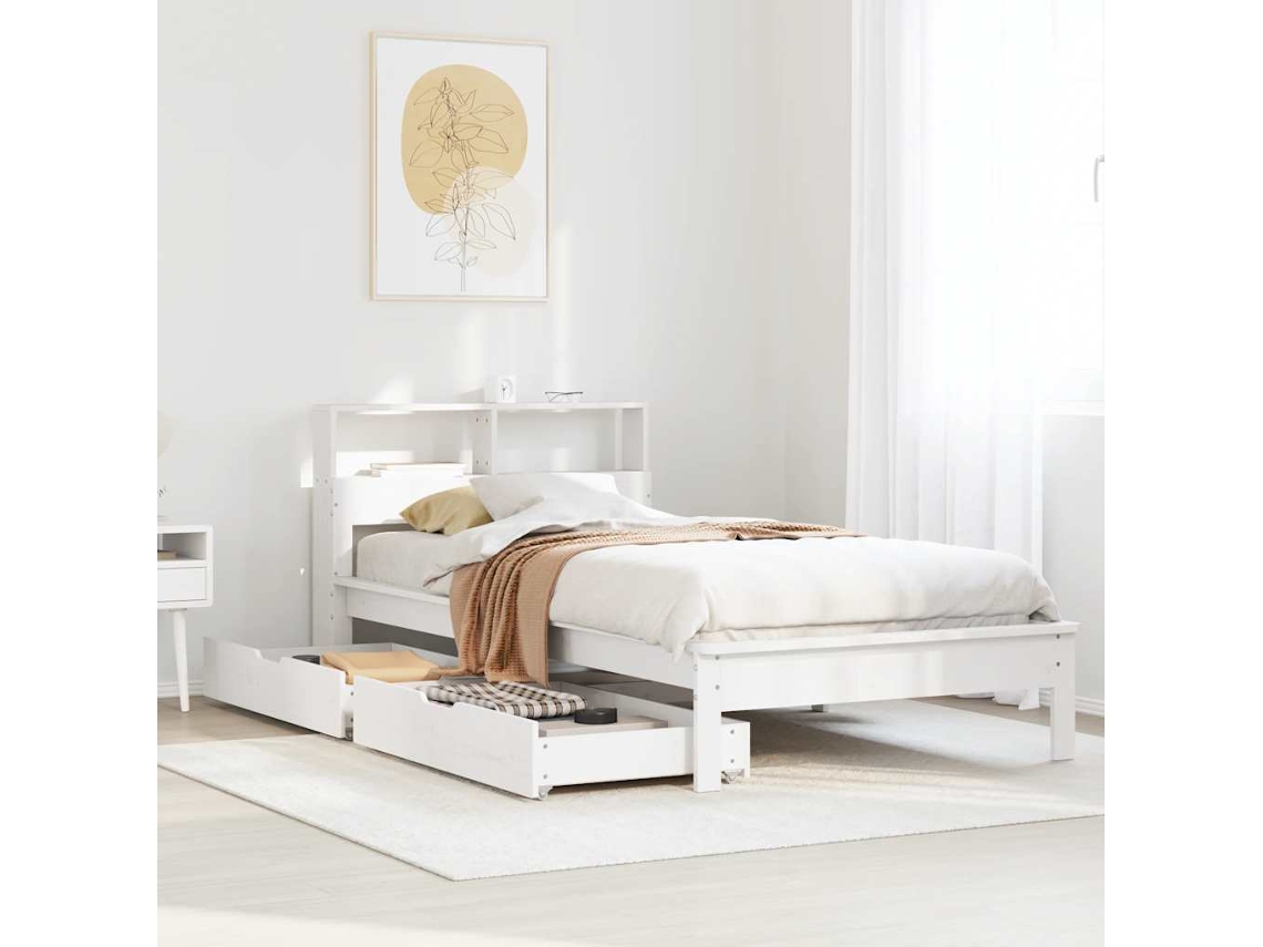Vidaxl Cama Com Estante Sem Colchão 100x200 Cm Pinho Maciço Branco