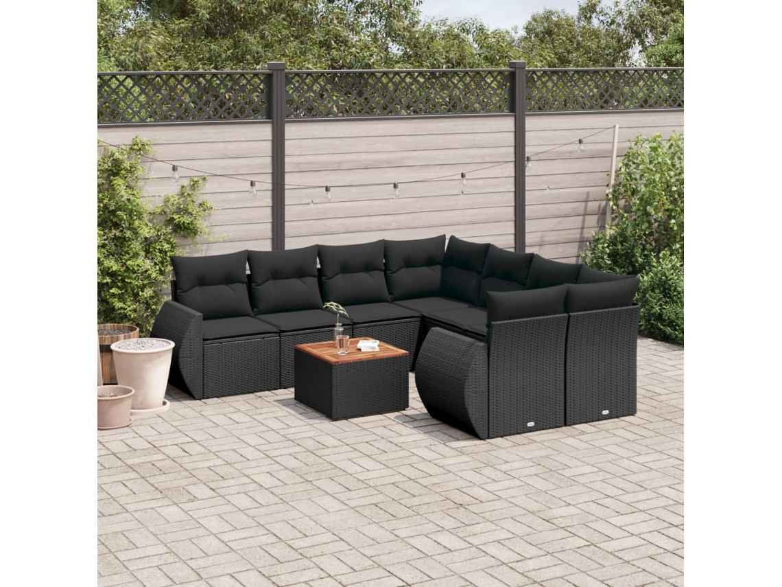 Vidaxl 9 Pcs Conjunto De Sofás P/ Jardim C/ Almofadões Vime Pe Preto