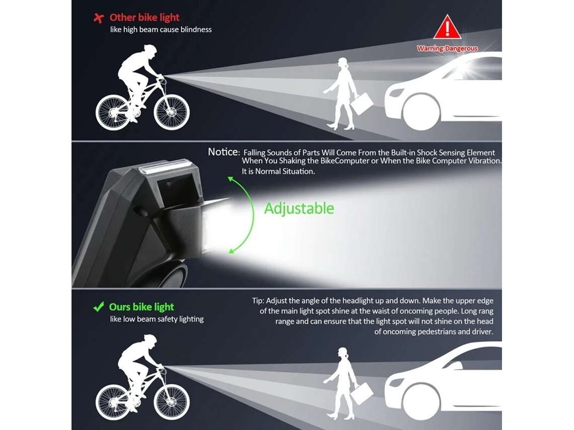 Verde 3 Em 1 Farol Bicicleta Inteligente 800 Lúmens 2000mah Ip65 Velocímetro Buzina Led Ciclismo