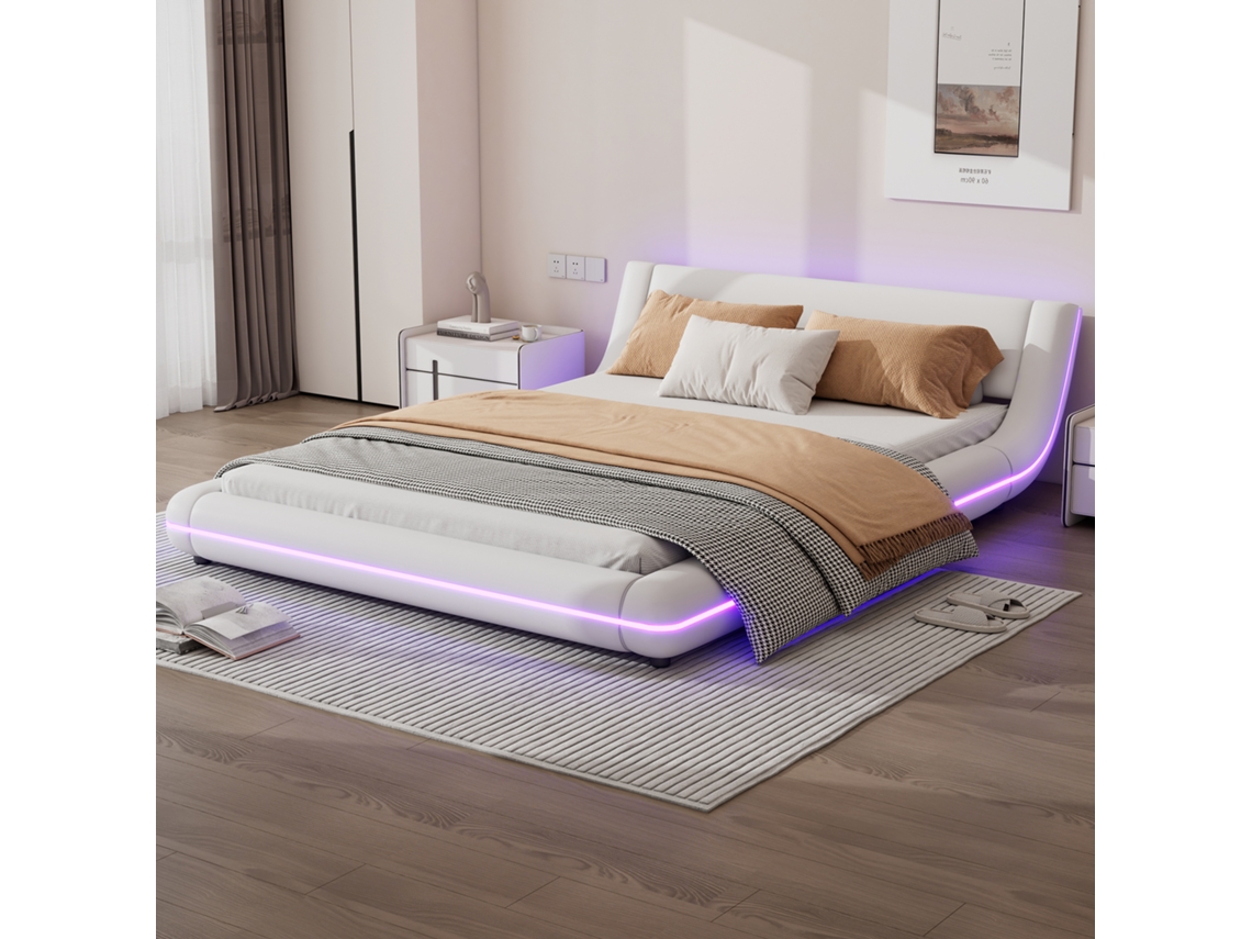 Cama Chão Pu 140x200 Cm Led Ambiente Minimalista Branco Moderno