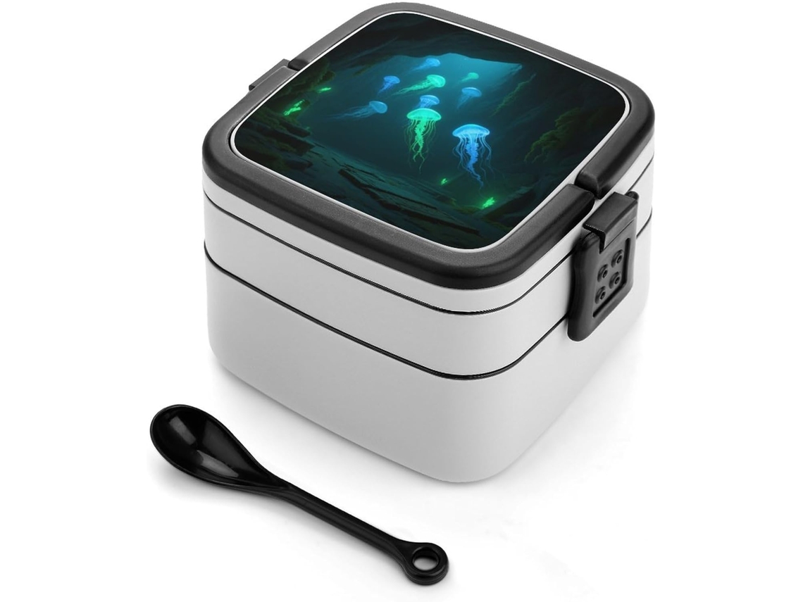 Marmita Bento Jellyfish Deep Sea Cave De Camada Dupla Para Adultos Com Colher E Alça, Marmitas Bento À Prova De
