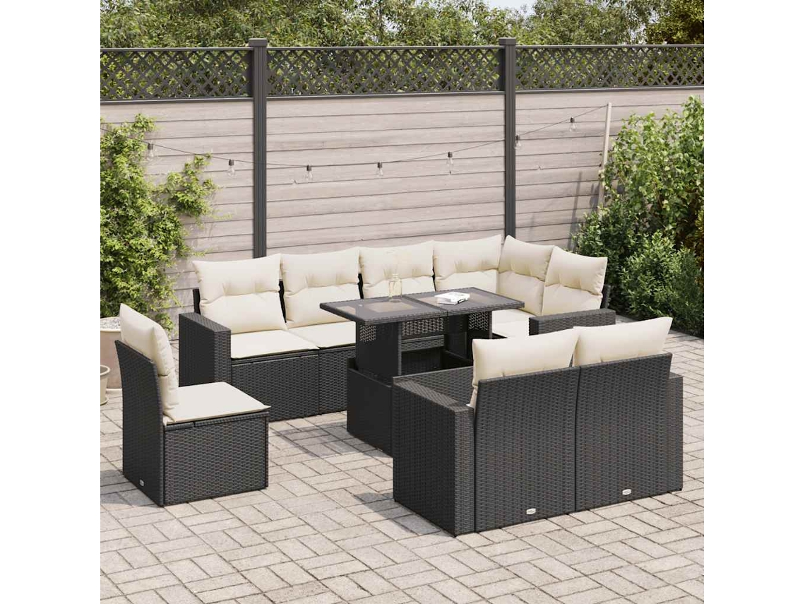 Vidaxl 9 Pcs Conjunto De Sofás P/ Jardim C/ Almofadões Vime Pe Preto