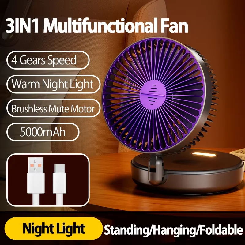 Ventilador De Mesa Portátil Dobrável Para Parede (5000mah, Cinza) Com Luz Led, Carregamento Usb E 4 Velocidades Ajustáveis.