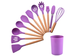 Conjunto De Utensílios Cozinha Silicone 12 Peças, Roxo, Cabo Madeira,