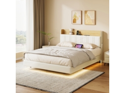 Cama De Casal Estofada 160 X 200 Cm Com Espaço De Arrumação Hidráulica, Cama Funcional Com Led E Estação De Carregamento Usb, Pu Branco, Sem Colchão