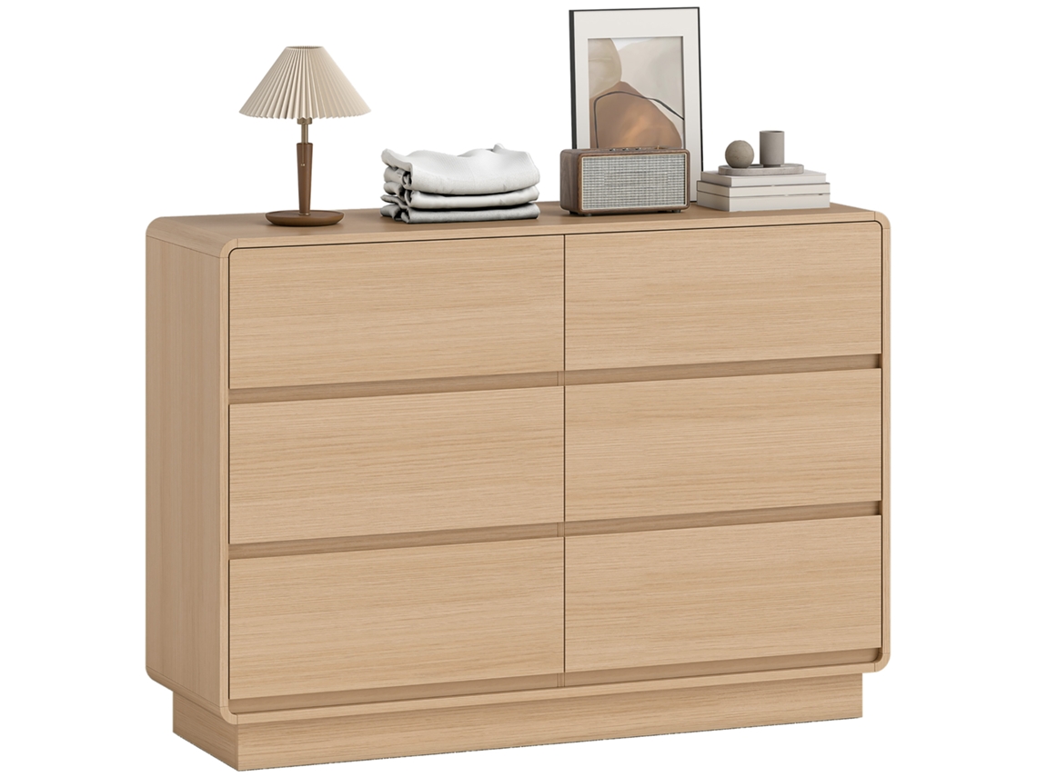 Cômoda com 6 Gavetas Arredondadas para Sala de Estar Cozinha Entrada Escritório 120x38x86 Cm Natural pt