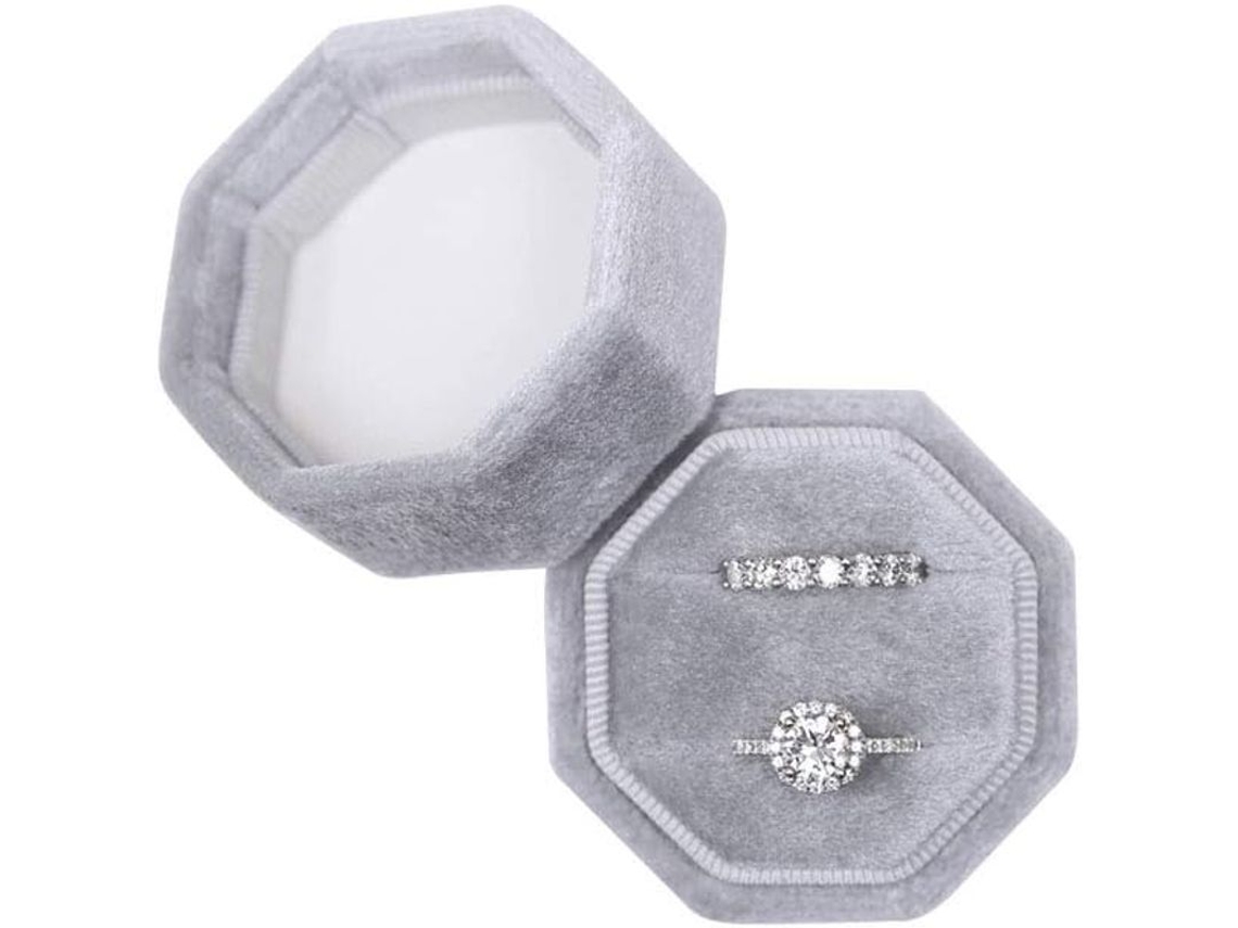 Caja De Anillos De Terciopelo Octagonal Para Boda Y Compromiso Con Doble Ranura Gris