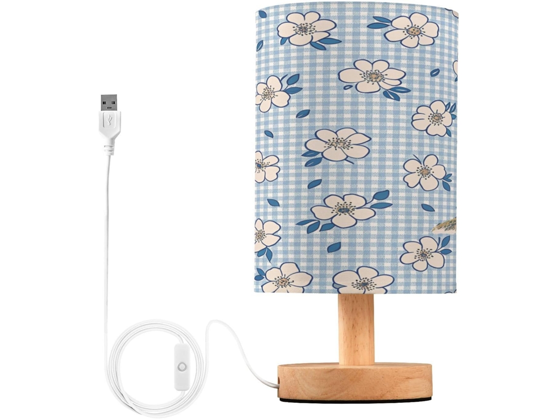 Abajur De Cabeceira Led Com Estampa Floral Para Quarto, Luminária De Leitura Com Cúpula Tecido, Base De Madeira E Porta