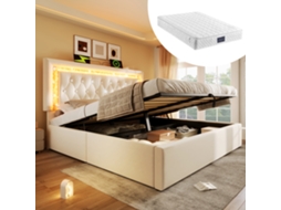 Cama Casal 140x200cm Com Led, Usb, Type-c, Armário Hidráulico E Colchão Bege
