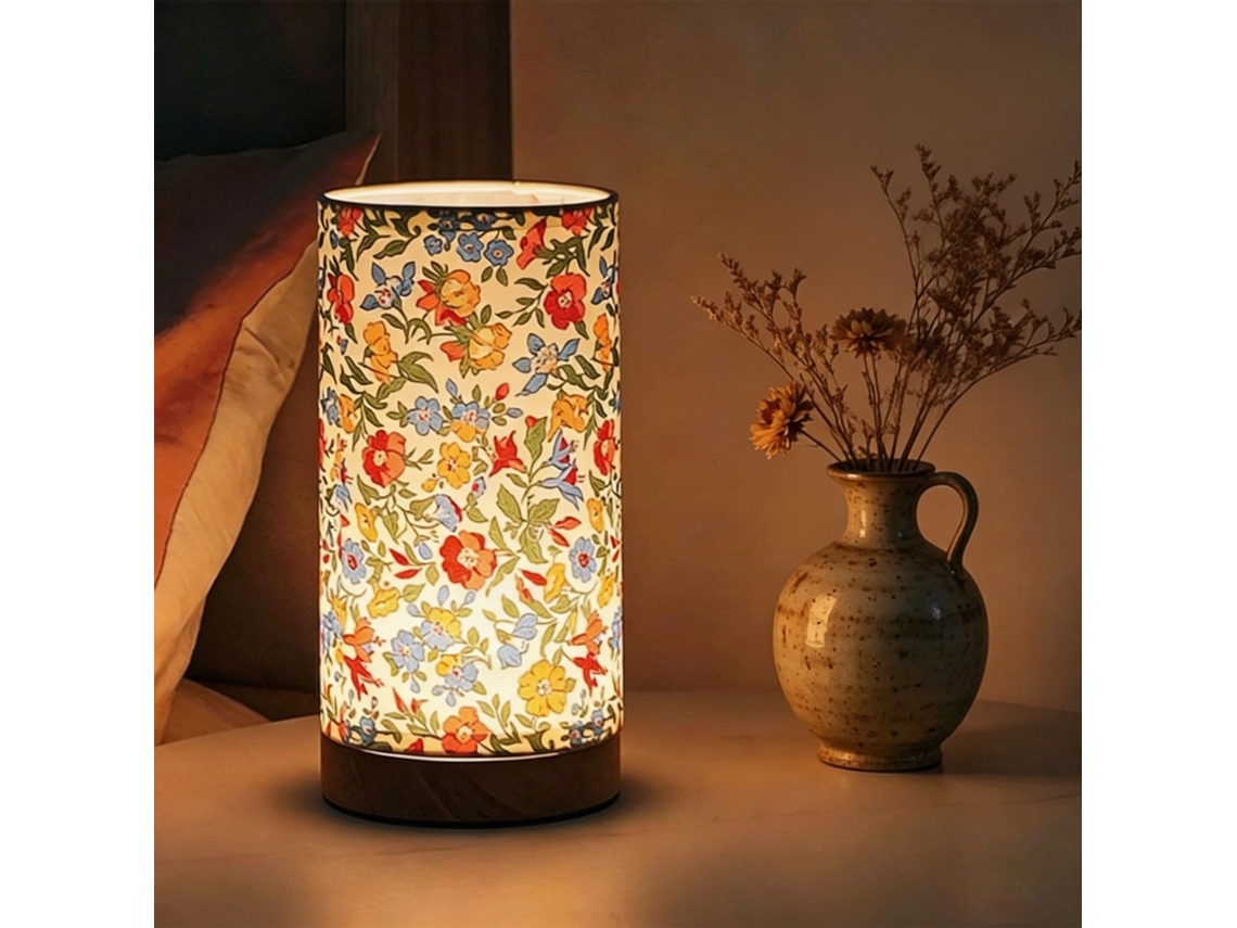 Abajur De Mesa Com Cúpula Em Tecido Floral, Base De Madeira, Controle Remoto, Intensidade Regulável, Luz Suave Para Os