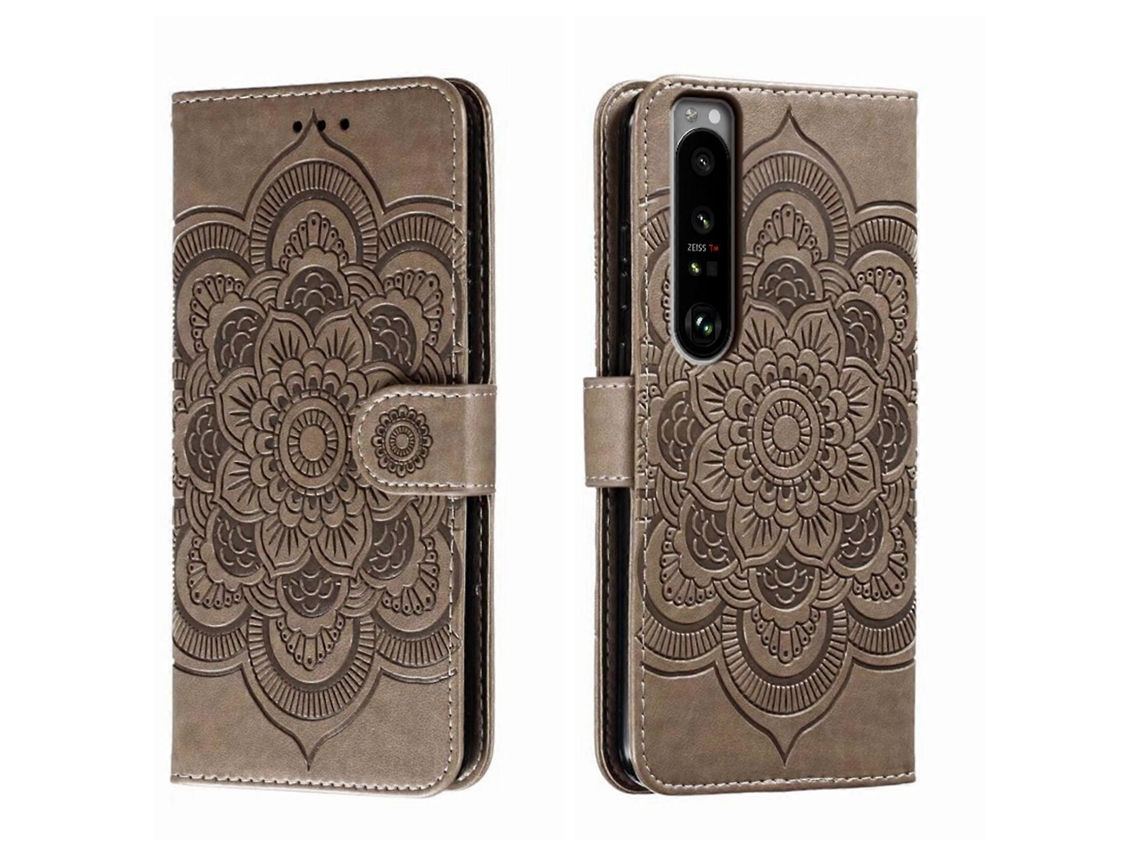 Capa De Couro Para Celular Com Padrão De Mandala Solar Em Relevo