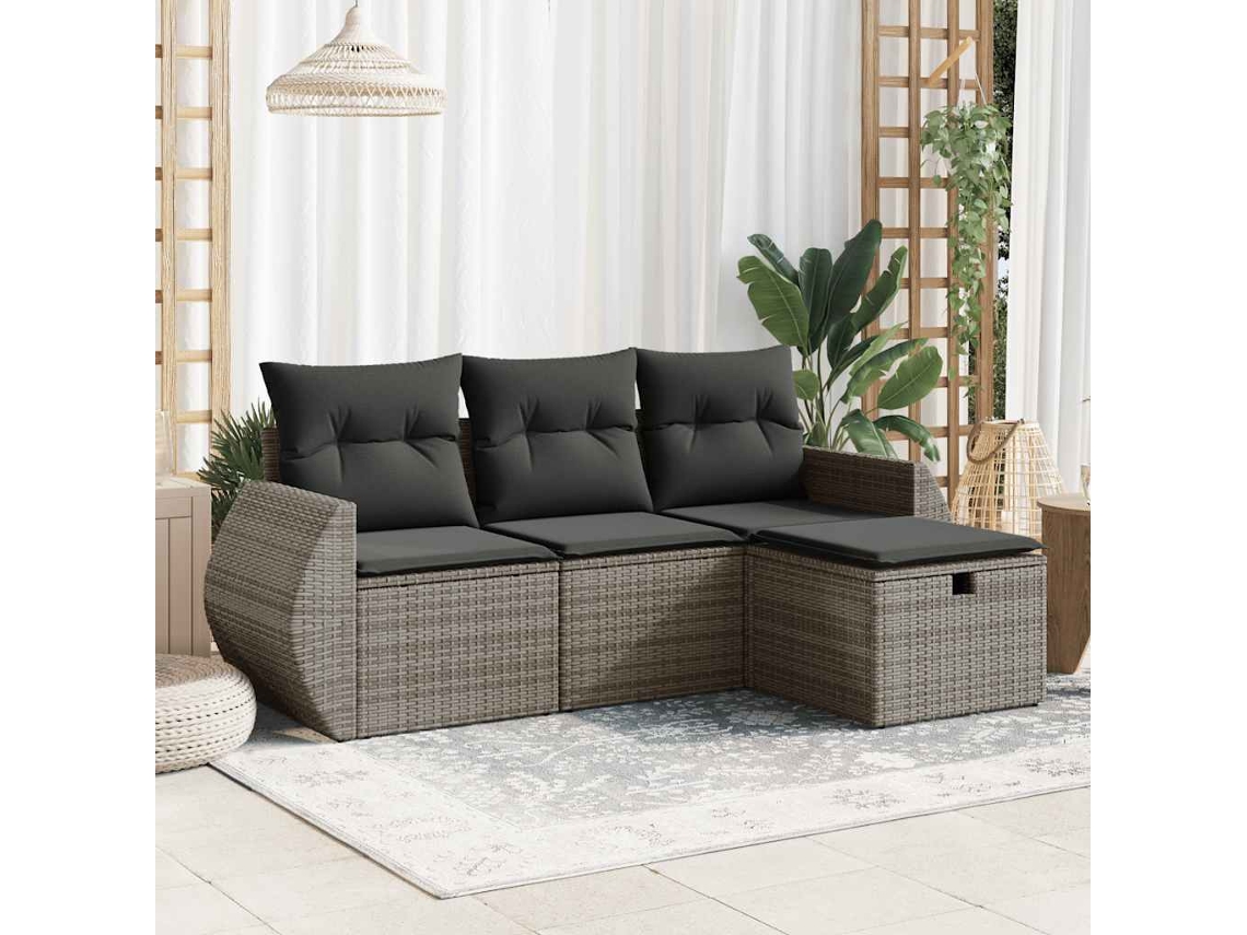 4 Pcs Conjunto de Móveis de Jardim - Conjunto Sofás de Jardim C/ Almofadões Vime Pe Cinzento HARLANV1