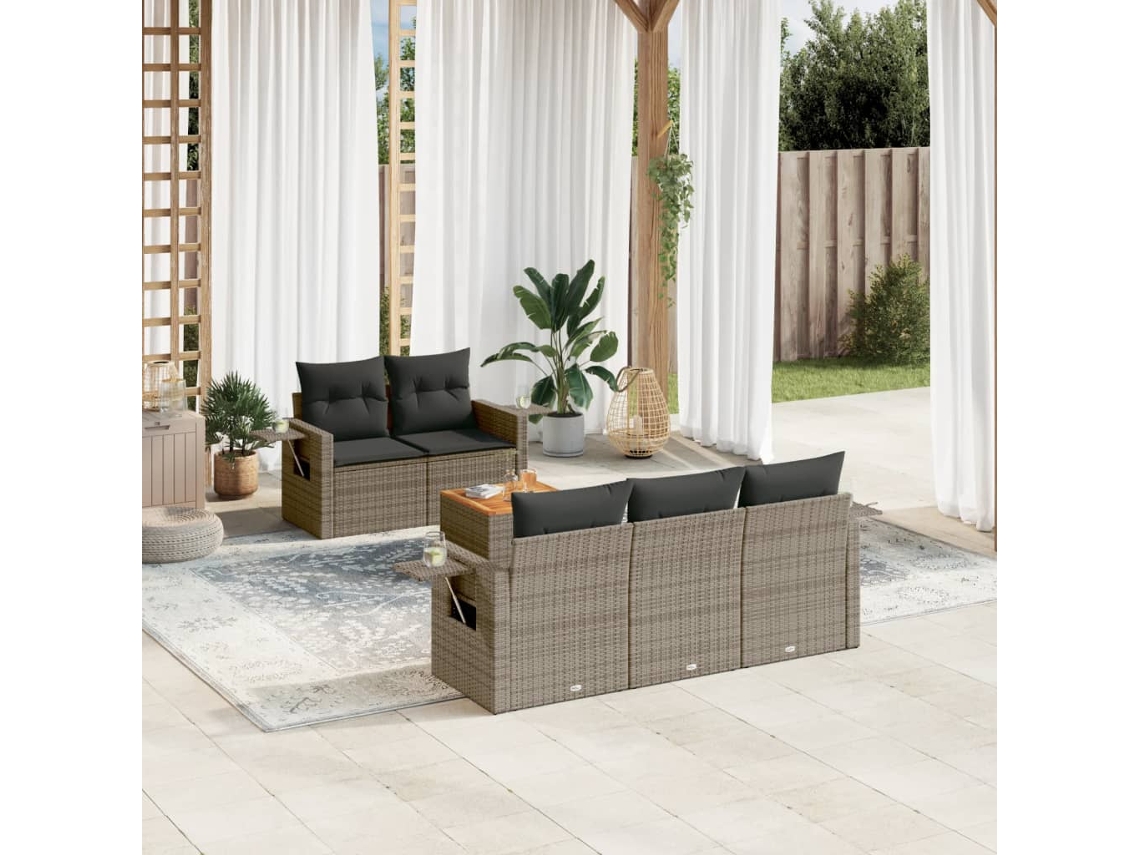 Vidaxl 6 Pcs Conjunto Sofás De Jardim Com Almofadões Vime Cinzento