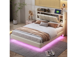Cama Casal Bege 140x200cm Estofada, Usb, Fita Luz, Cabeceira Reversível Com Prateleiras, Metal.-op