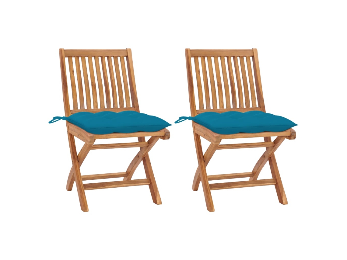 Vidaxl Conjunto De 2 Cadeiras Dobráveis Com Almofadas Azul-claras Em Madeira Maciça De Teca.