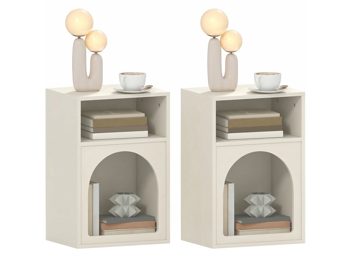 Conjunto de 2 mesas de cabeceira com compartimentos abertos, design arqueado (40x30x60cm) em branco