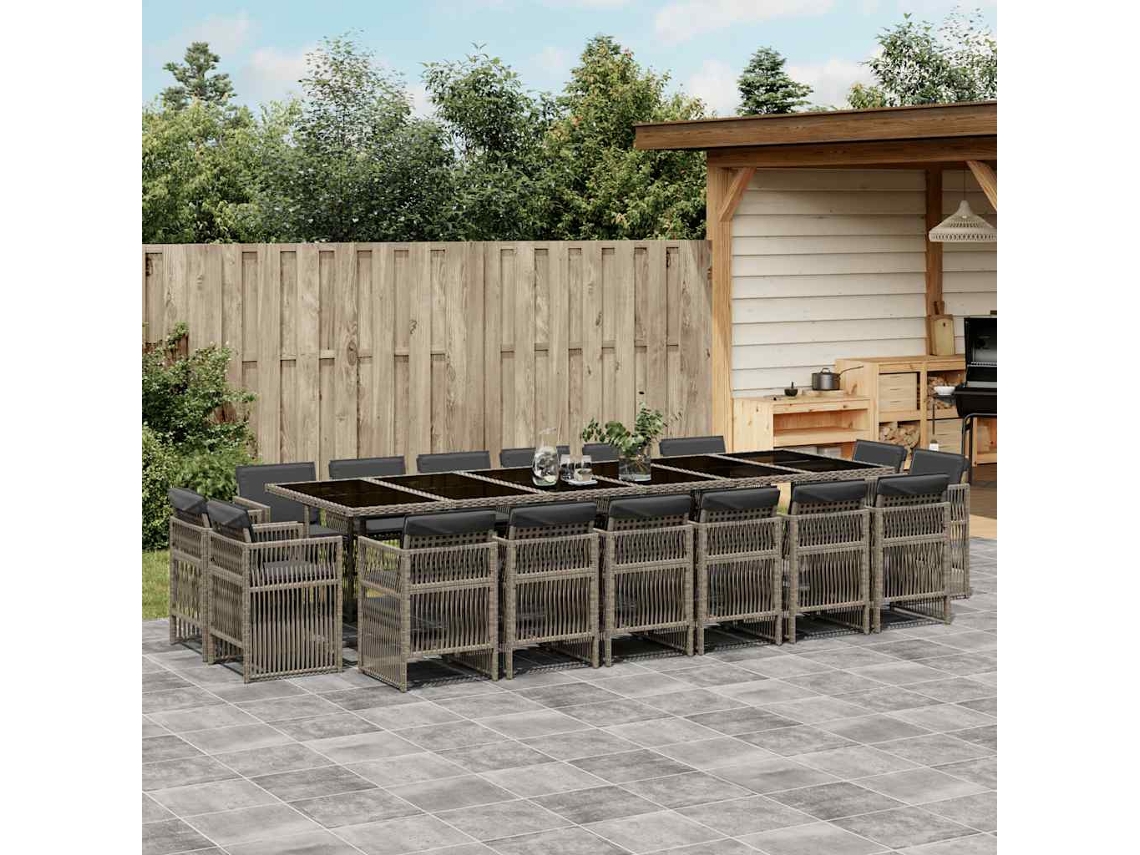 Vidaxl 17 Pcs Conj. De Jantar P/ Jardim C/ Almofadões Vime Pe Cinzento
