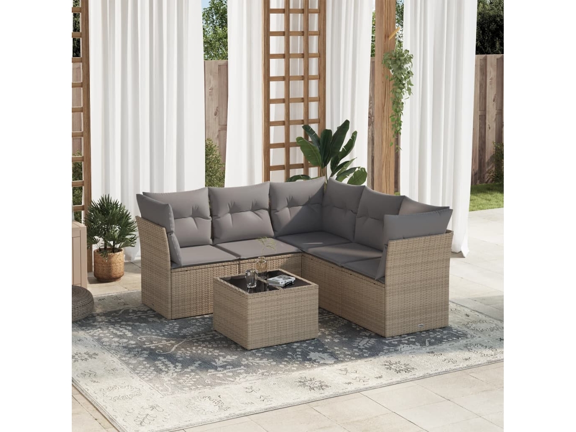 Vidaxl 6 Pcs Conjunto De Sofás P/ Jardim Com Almofadões Vime Pe Bege