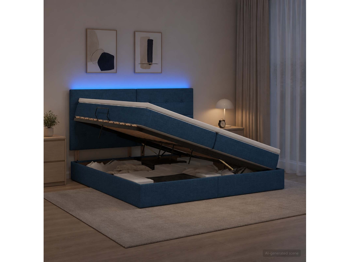 Vidaxl Cama De Armazenamento Led Com Colchão Azul 200 X 200 Cm Tecido