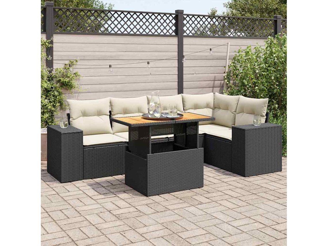 Vidaxl 6 Pcs Conjunto Sofás De Jardim C/ Almofadões Vime Pe Preto
