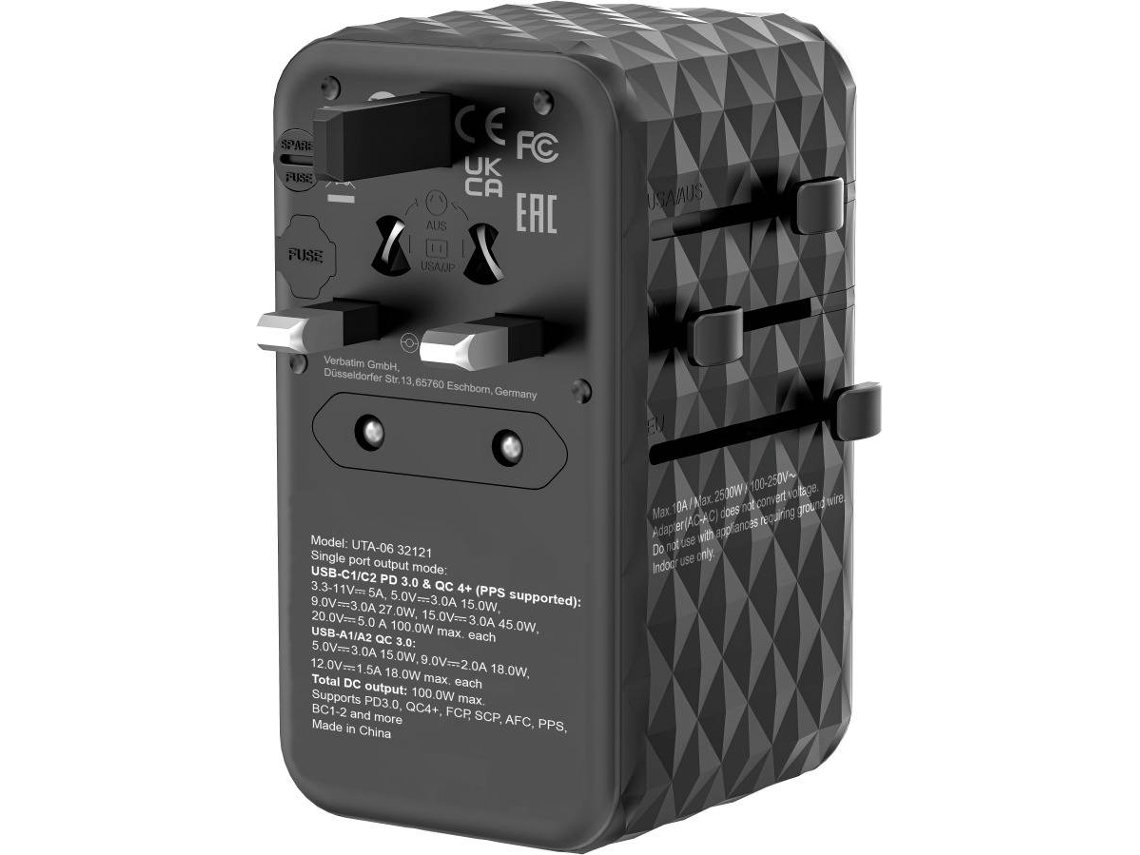 Carregador De Viagem VERBATIM 32121 (1000W - 2 Usb-C - 2 Usb-A)