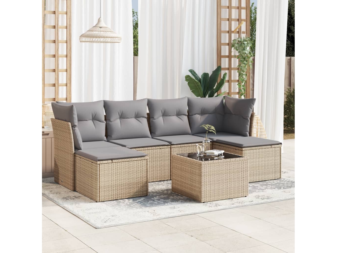 Vidaxl 7 Pcs Conjunto De Sofás P/ Jardim Com Almofadões Vime Pe Bege