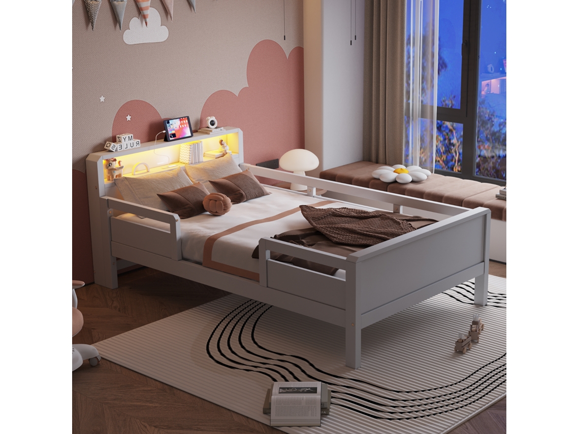 Cama De Pinheiro Branco 90x200 Cm Com Usb, Type-c, Led E Prateleira
