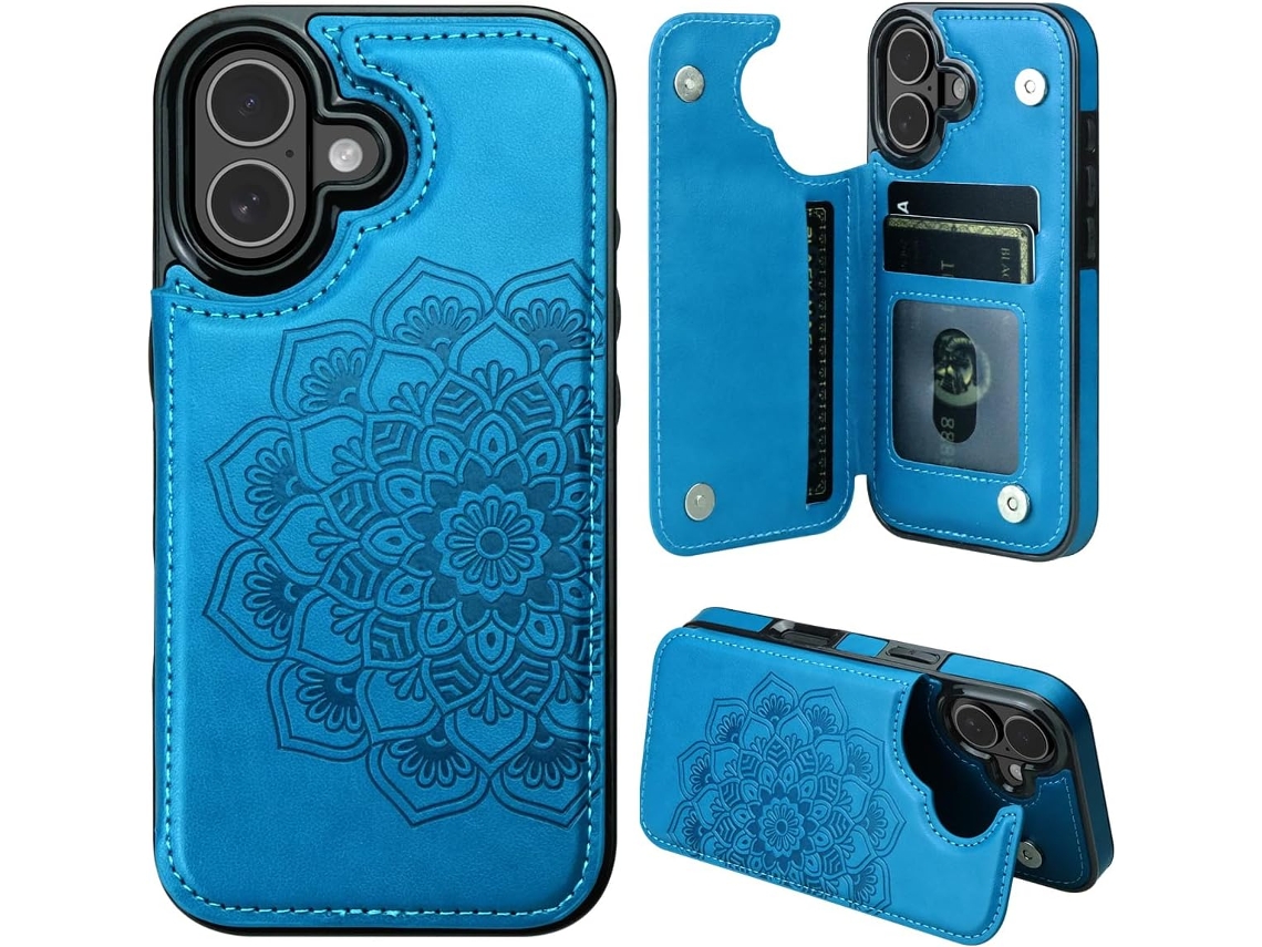 Capa Carteira Magnética Floral Compatível Com Iphone 17 Pro Max, Com Compartimentos Para Cartões, Azul.
