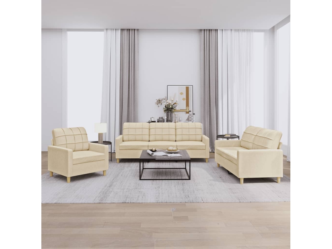 Vidaxl 3 Pcs Conjunto De Sofás Com Almofadões Tecido Cor Creme