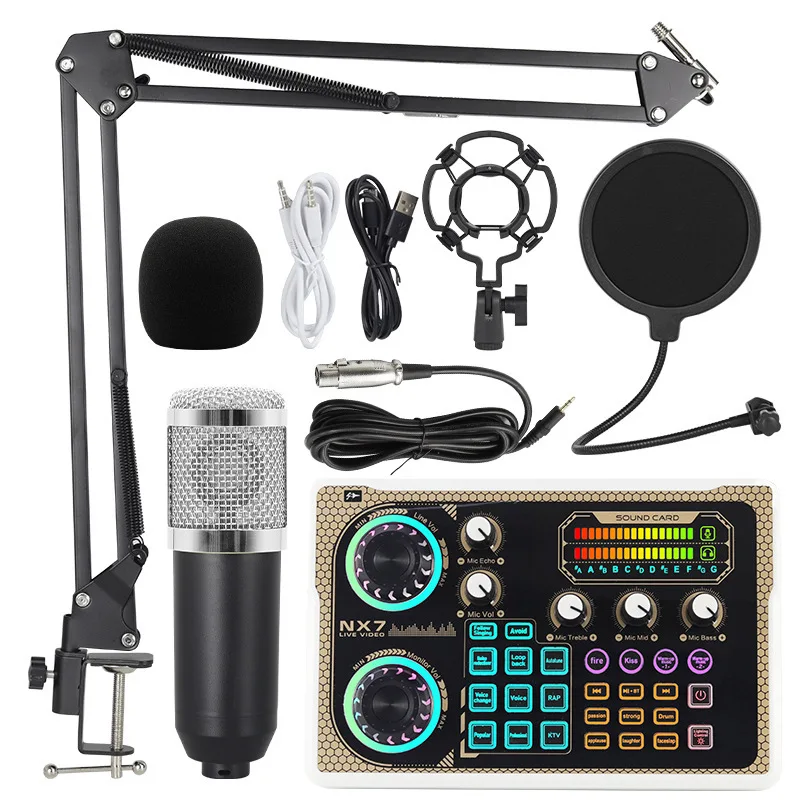 Kit de Placa de Som Bm800 Nx7 com Microfone Condensador de Áudio Profissional MDUG (prateado)