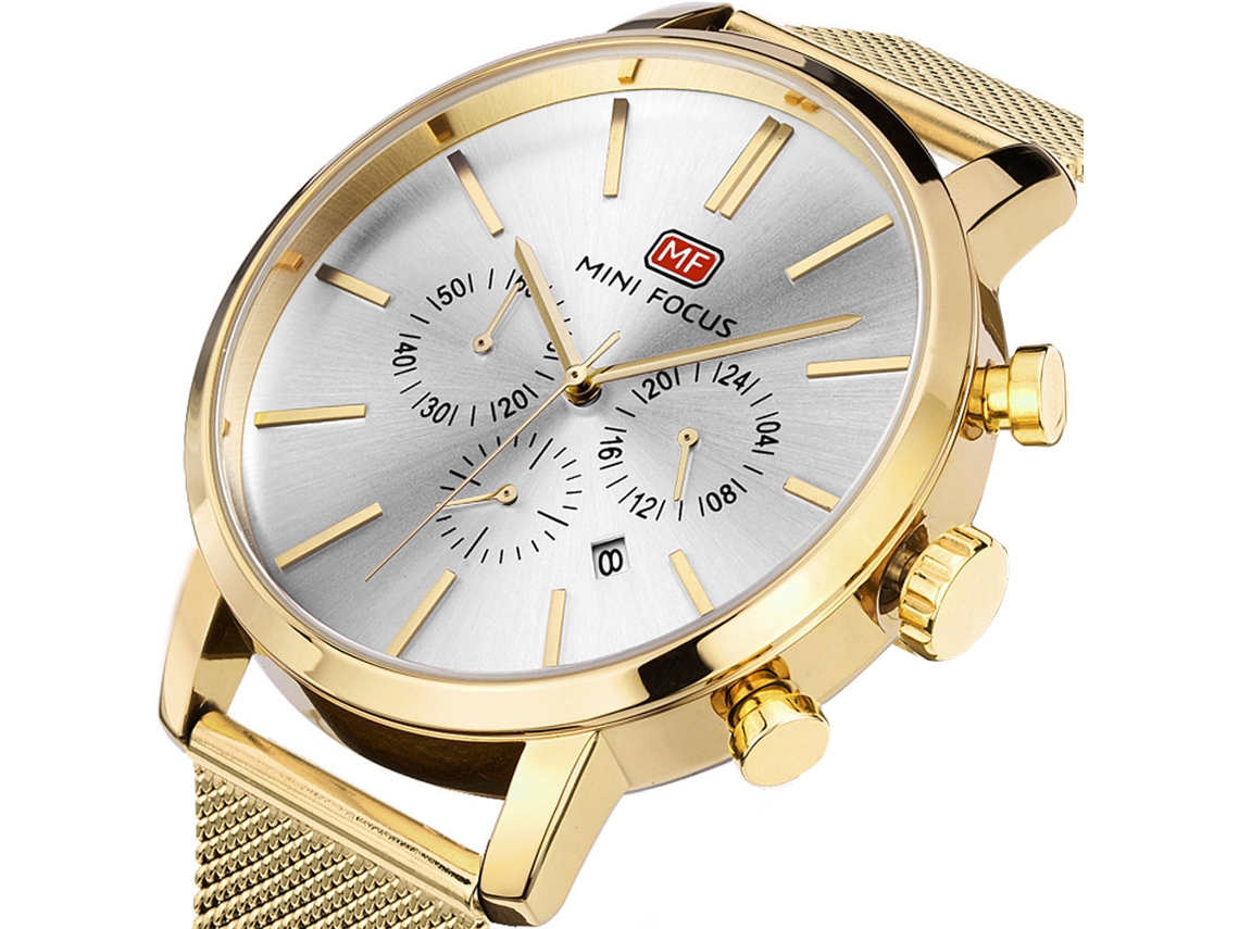 Relógio de pulso masculino Mini Focus Round Quartz multifuncional dourado à prova d'água