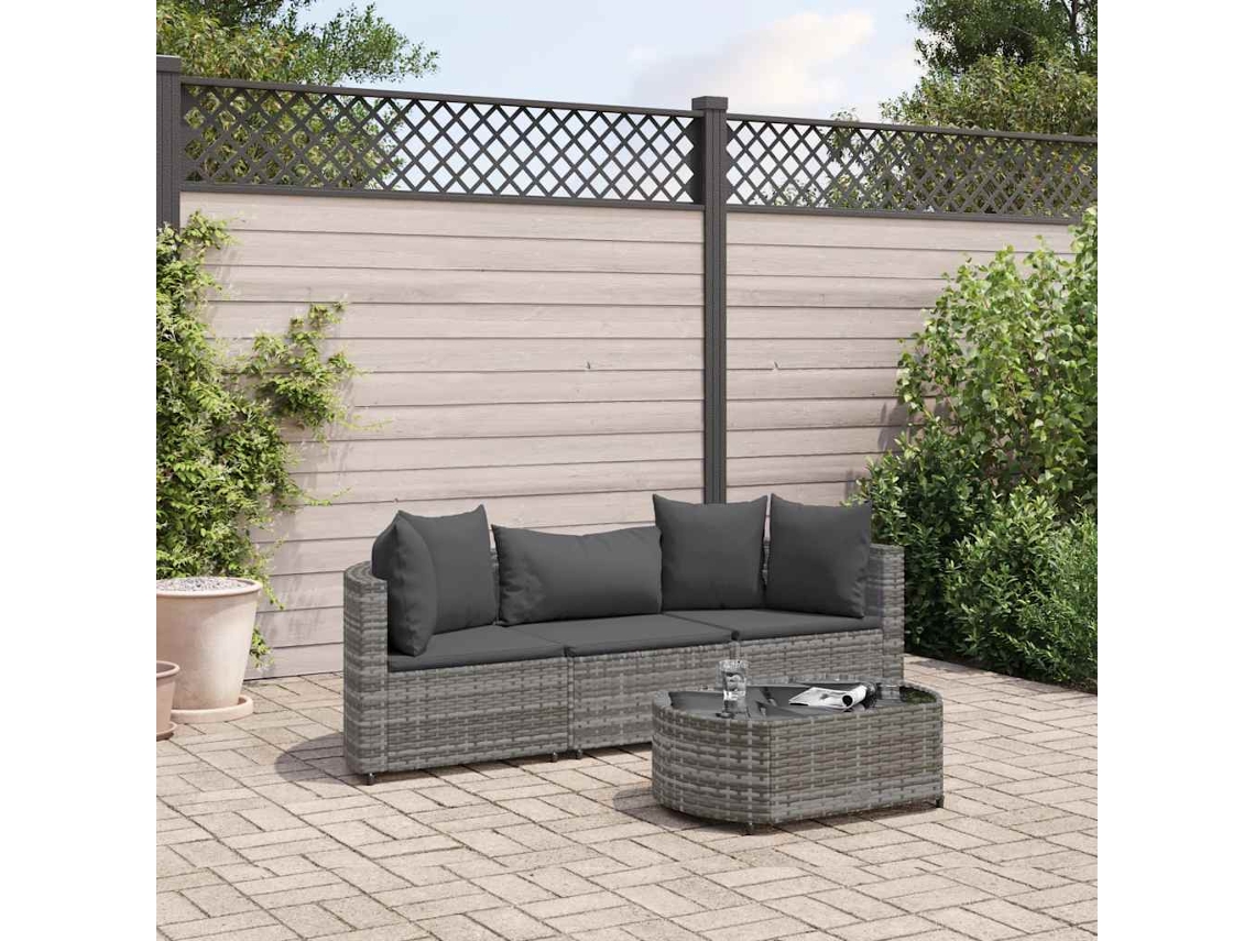 Conjunto de Sofá de Jardim 4 Peças C/ Almofadões Vime Pe Cinzento Dkd Home Decor