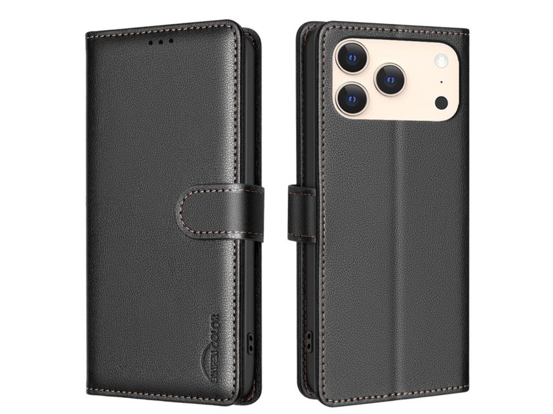 Capa De Couro Para Iphone 17 Pro Com Textura De Lichia E Proteção Rfid Antirroubo.