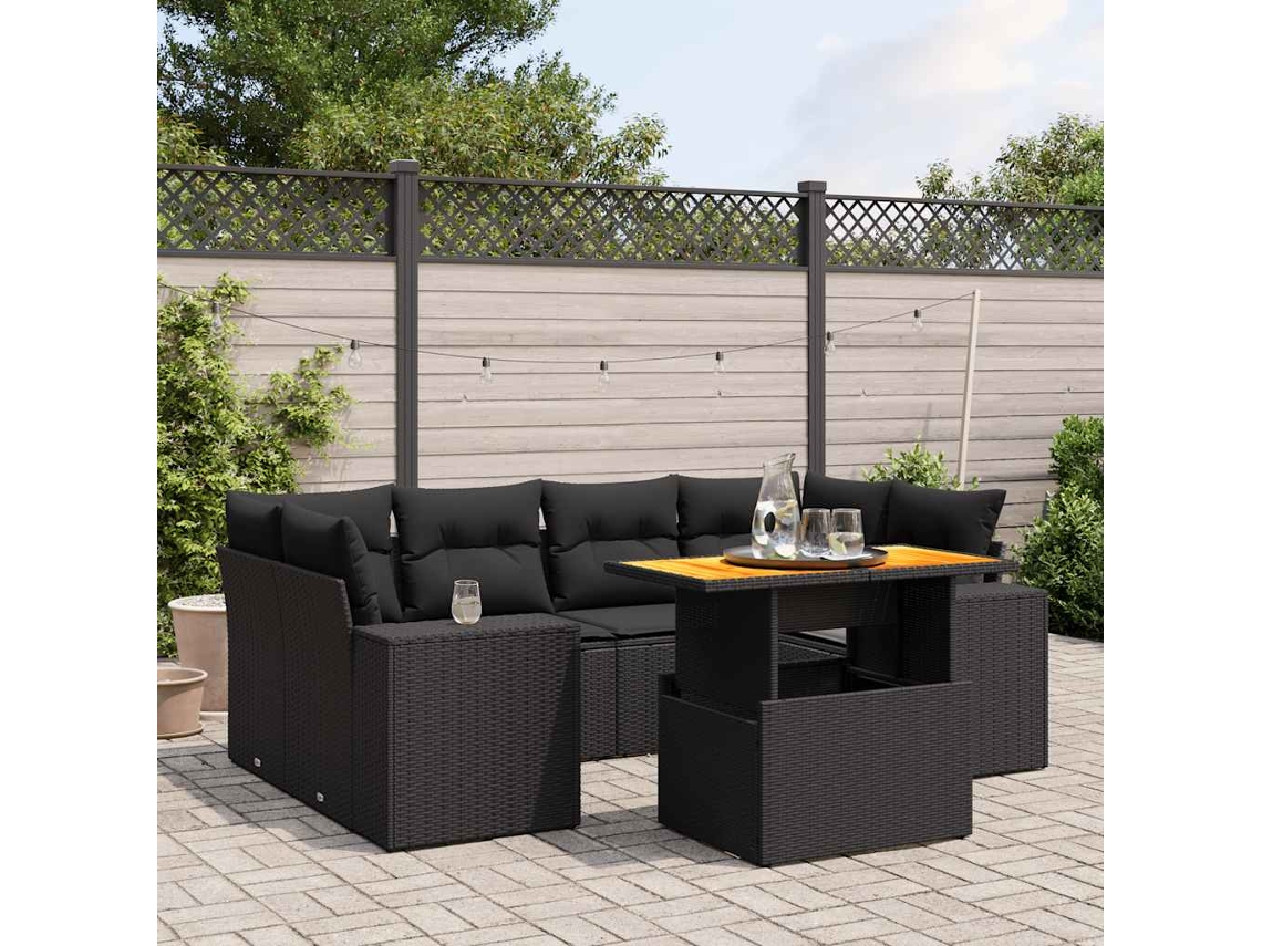 Vidaxl 7 Pcs Conjunto De Sofás P/ Jardim C/ Almofadões Vime Pe Preto
