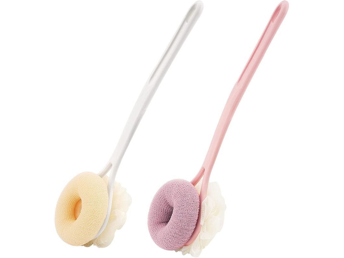 Escova de Banho Esférica com Cabo Longo Curvo, Escovas de Corpo para Costas, 2 Unidades (rosa e Branco)