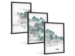Conjunto De Pinturas Montanhas Nuvens Pássaros Barco Japão Espelharte (3 Peças 40x60 Cm)