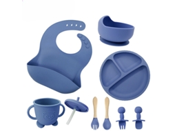 Conjunto de Utensílios em Silicone para Alimentação Infantil, com Ventosas na Base, 8 Peças Azul Escuro PANOONA