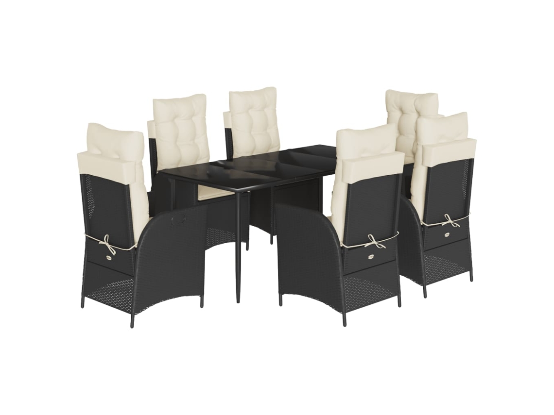 Conjunto 7 de jantar p/ jardim c/ almofadões VIDAXL vime PE preto