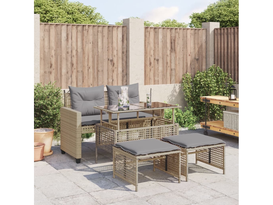 Vidaxl 4pcs Conj. De Sofás Para Jardim C/almofadões Vime Pe/vidro Bege