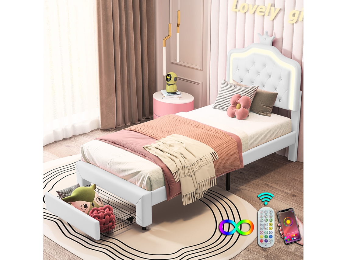Cama Estofada de Princesa com Luzes Led com Comando à Distância e Gavetas Tecido de Couro Pu Branco 90x200 cm