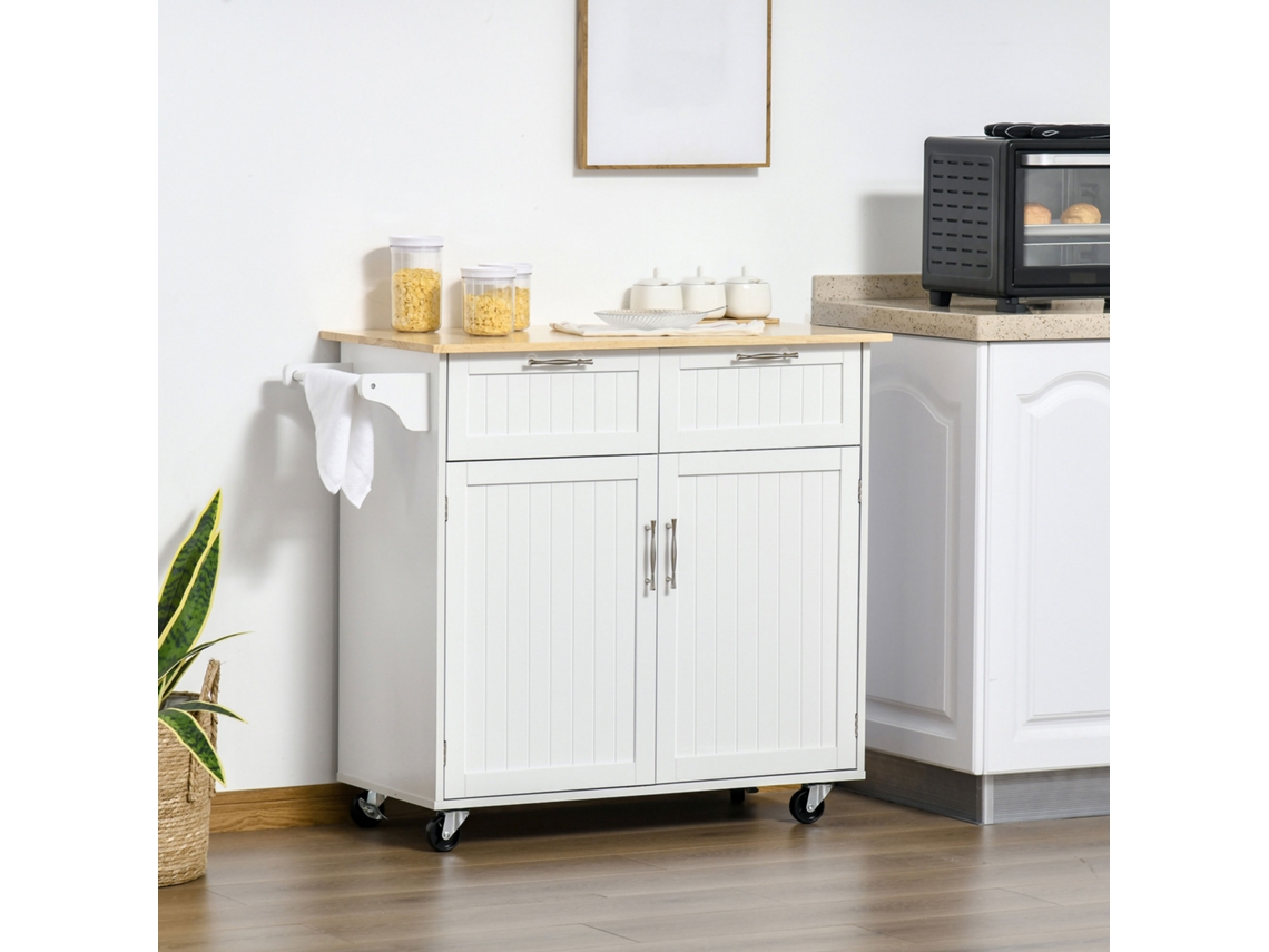 Carrinho de Cozinha C/rodas Móvel Auxiliar Culinária com 2 Gavetas 2 Portas Prateleira Ajustável 104x46x91 Cm Branco