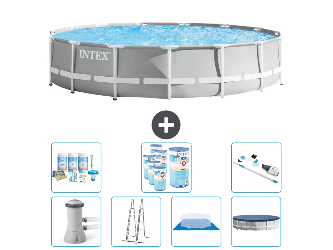 Piscina INTEX Round Prism Frame 457 X 107 Cm Cinza Inclui Bomba Escada Lençol Cobertura Pacote de Manutenção Filtros Aspirador de Pó