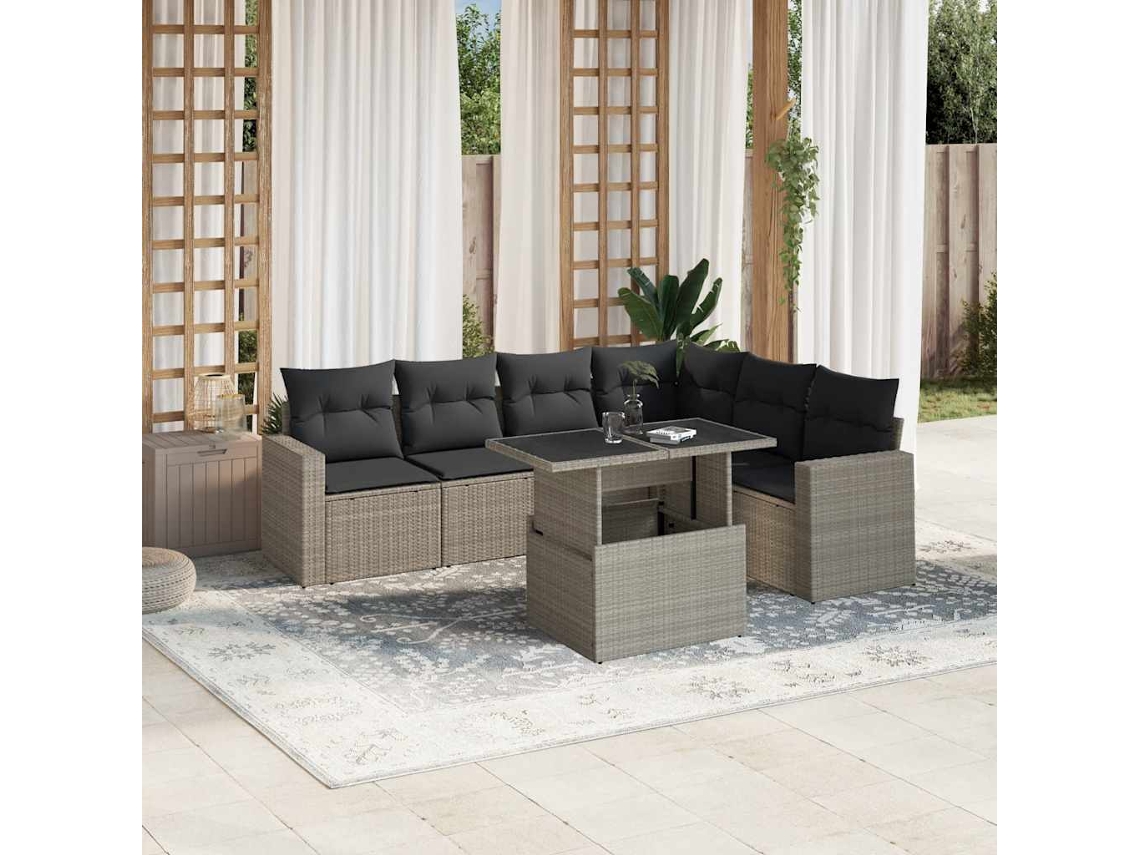 Vidaxl 7 Pcs Conj. Sofás Jardim Com Almofadões Vime Pe Cinzento-claro