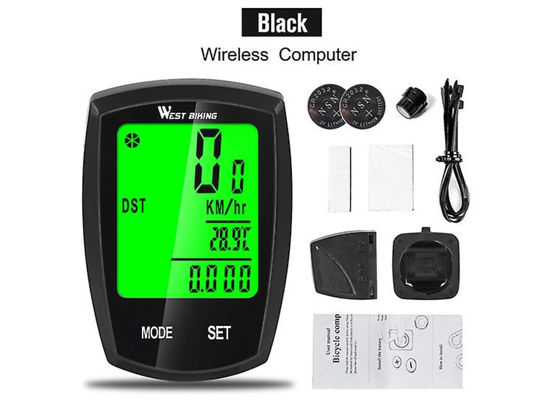 Velocímetro de bicicleta sem fio Slowmoose, display LCD à prova d'água, multifuncional, preto